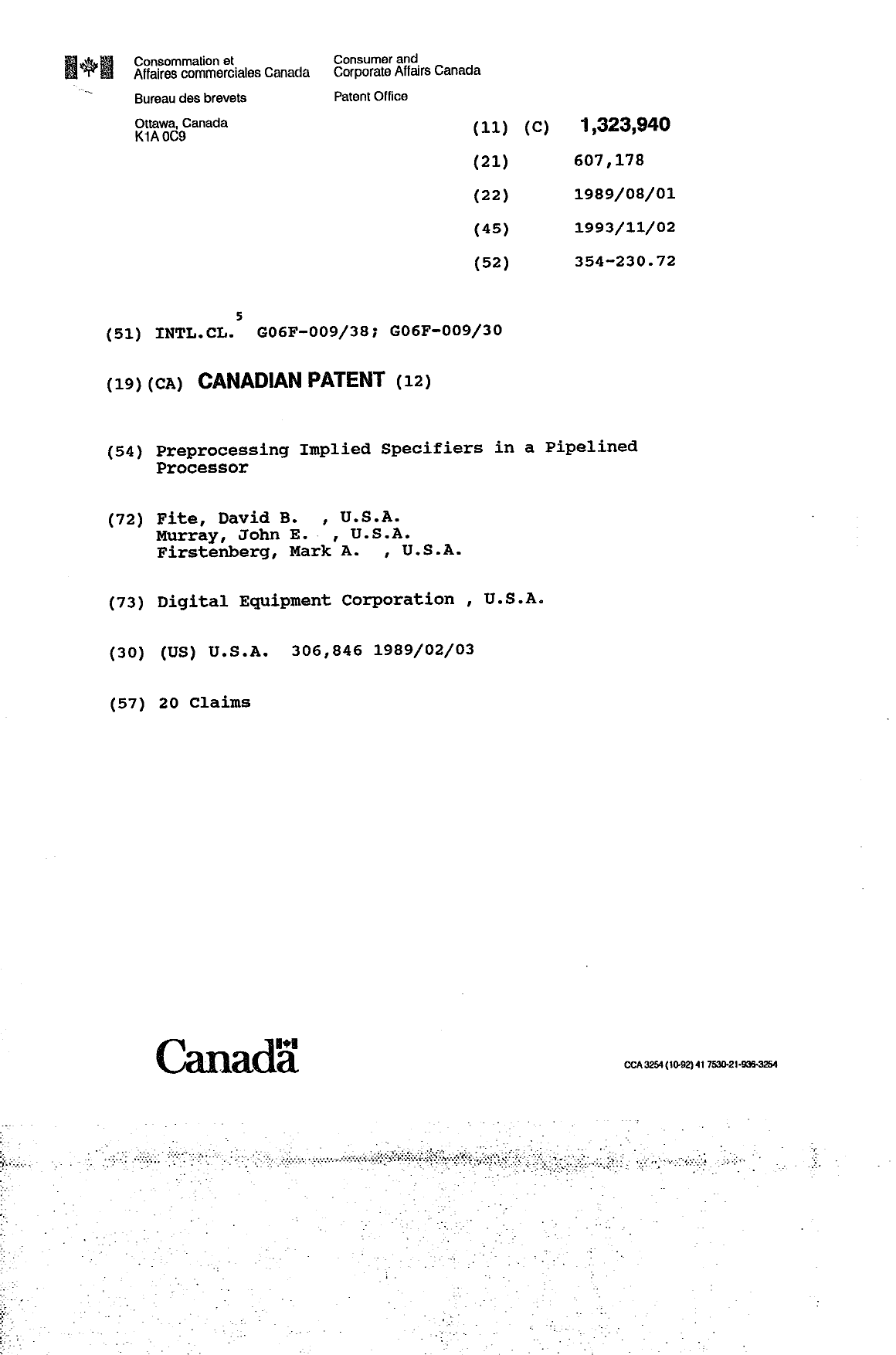 Canadian Patent Document 1323940. Cover Page 19940716. Image 1 of 1