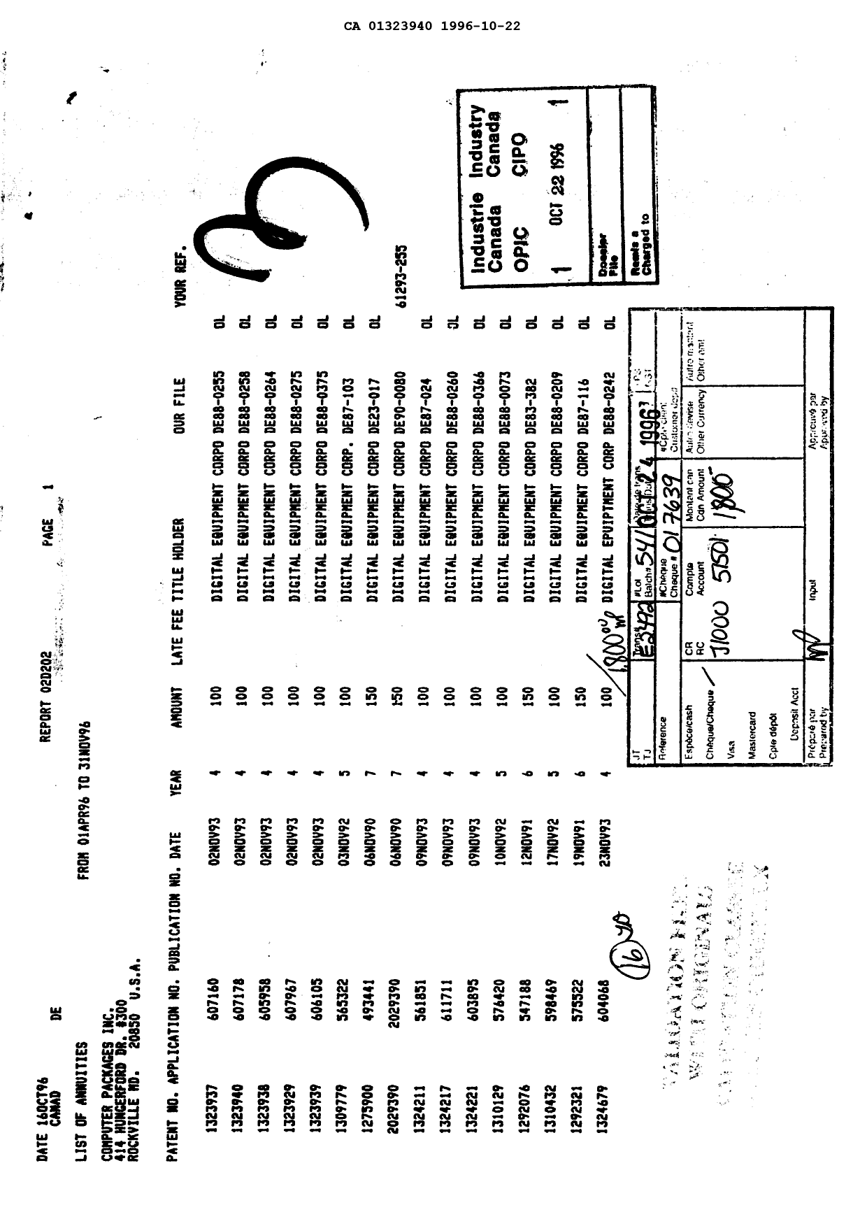 Canadian Patent Document 1323940. Fees 19961022. Image 1 of 1