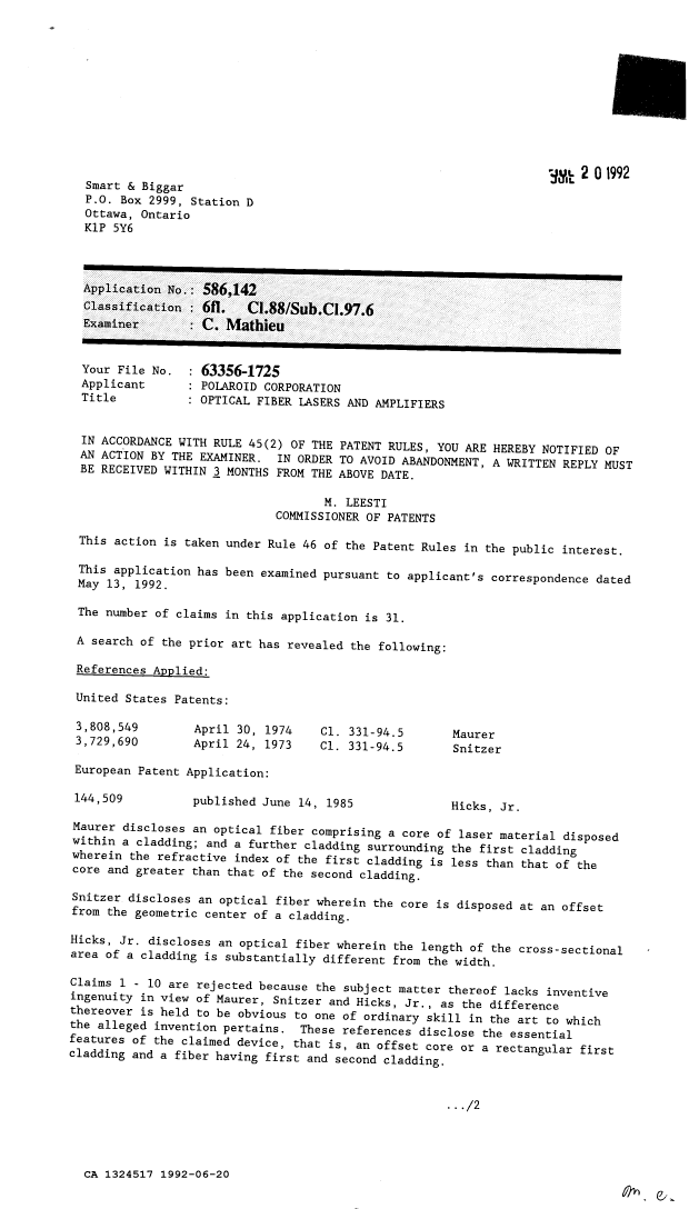 Canadian Patent Document 1324517. Examiner Requisition 19920620. Image 1 of 2