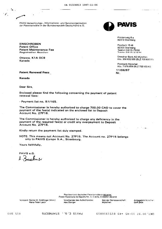 Canadian Patent Document 1324813. Correspondence 19971106. Image 1 of 1