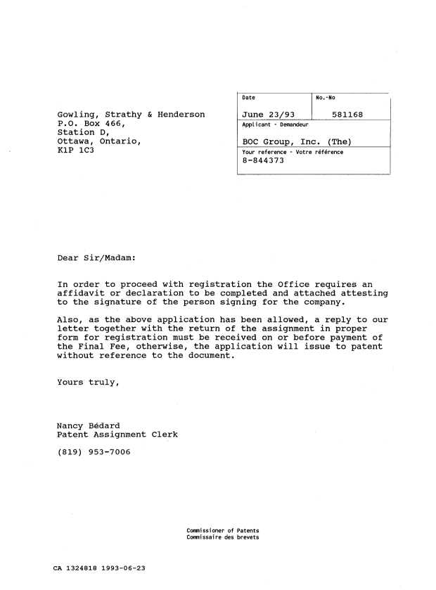 Document de brevet canadien 1324818. Lettre du bureau 19930623. Image 1 de 1