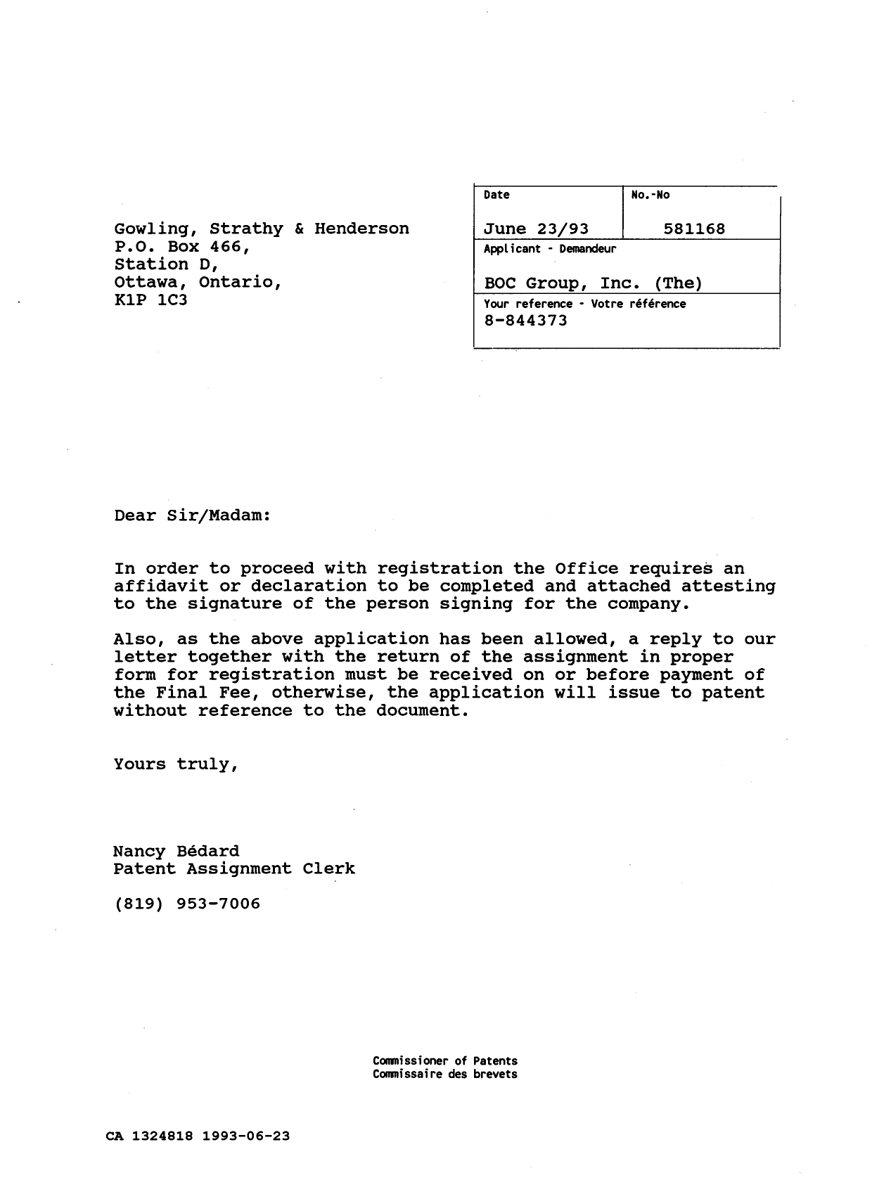 Canadian Patent Document 1324818. Office Letter 19930623. Image 1 of 1
