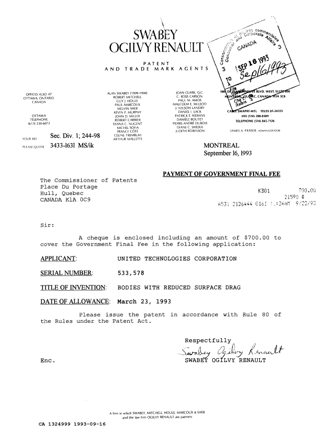 Canadian Patent Document 1324999. PCT Correspondence 19930916. Image 1 of 1