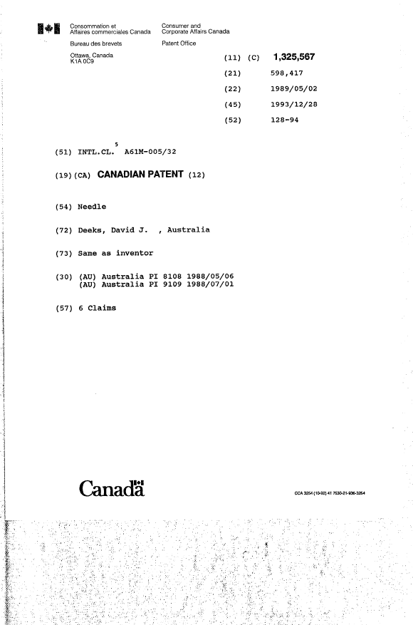 Canadian Patent Document 1325567. Cover Page 19940716. Image 1 of 1