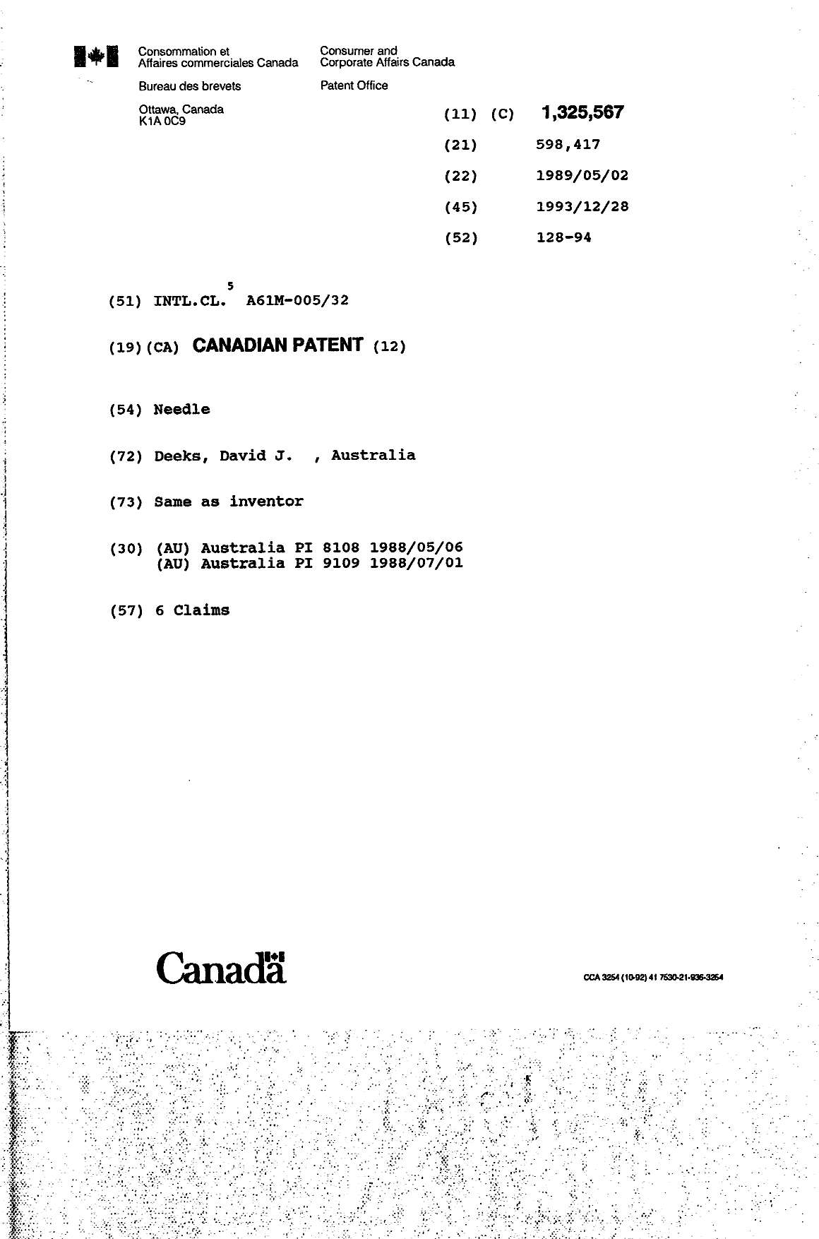 Document de brevet canadien 1325567. Page couverture 19940716. Image 1 de 1