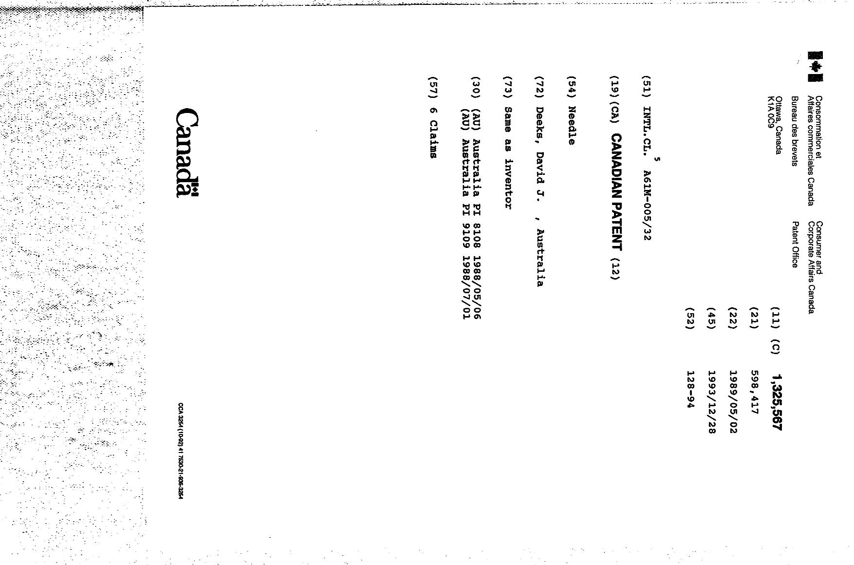 Canadian Patent Document 1325567. Cover Page 19940716. Image 1 of 1