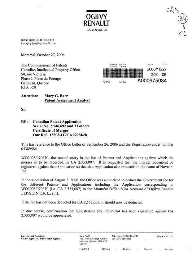 Document de brevet canadien 1326416. Cession 20061027. Image 1 de 6