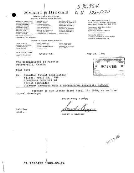 Document de brevet canadien 1326425. Correspondance de la poursuite 19890524. Image 1 de 1