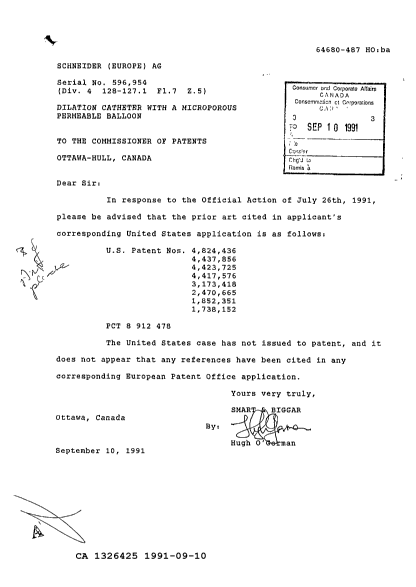 Document de brevet canadien 1326425. Correspondance de la poursuite 19910910. Image 1 de 1