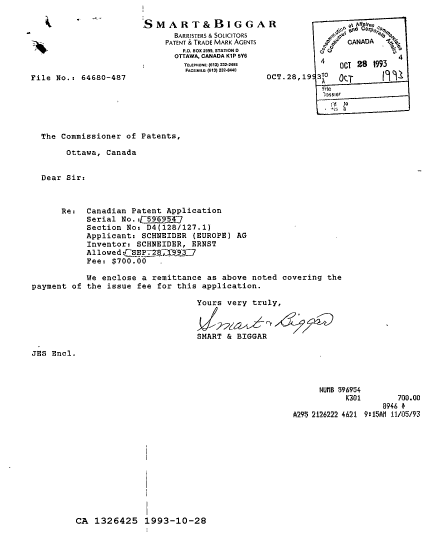 Document de brevet canadien 1326425. Correspondance reliée au PCT 19931028. Image 1 de 1