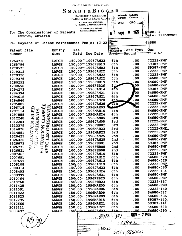 Document de brevet canadien 1326425. Taxes 19951103. Image 1 de 1