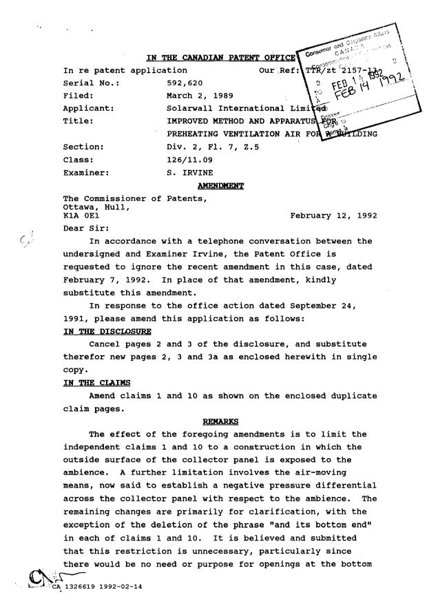 Canadian Patent Document 1326619. Prosecution-Amendment 19911214. Image 1 of 2