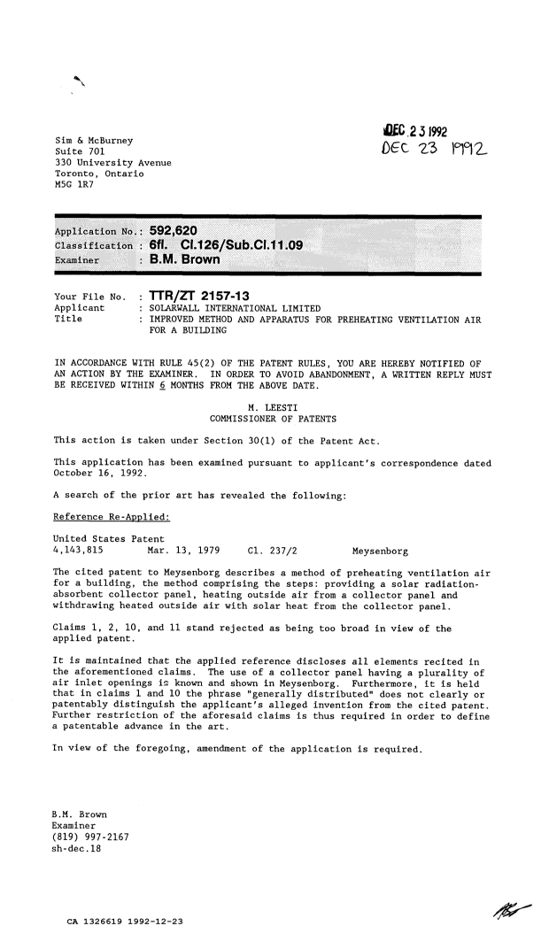 Canadian Patent Document 1326619. Prosecution-Amendment 19911223. Image 1 of 1
