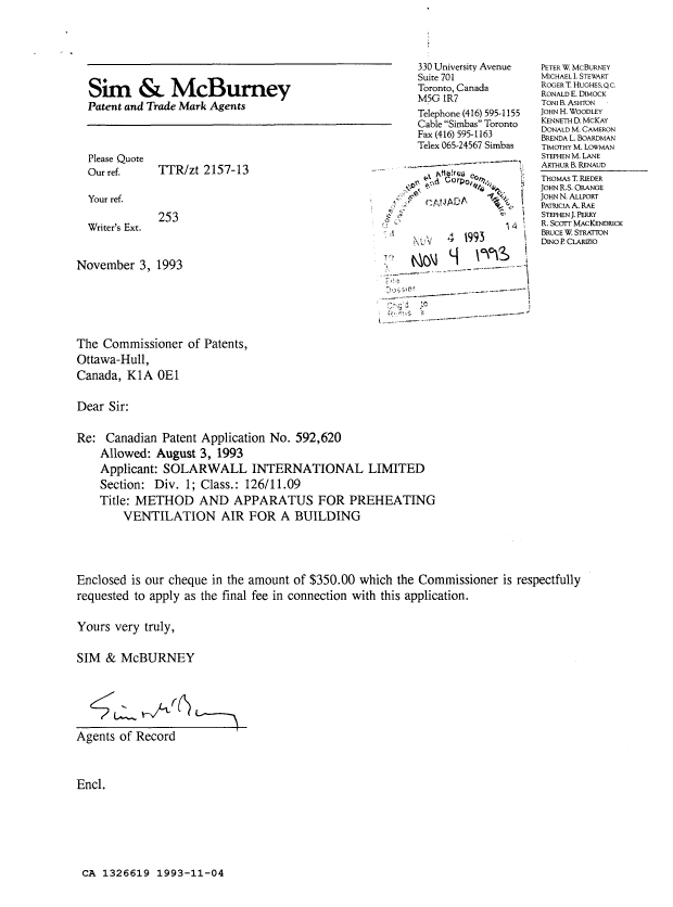 Canadian Patent Document 1326619. Correspondence 19921204. Image 1 of 1
