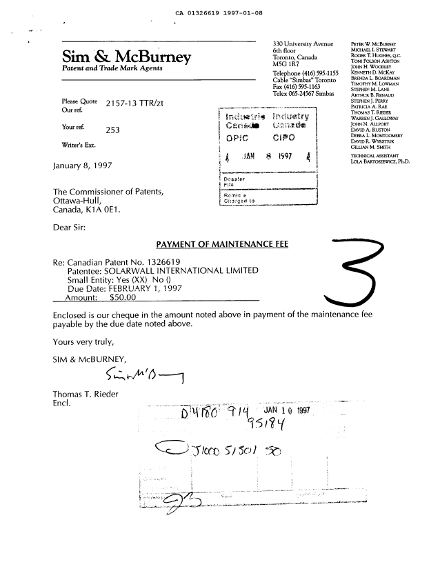 Document de brevet canadien 1326619. Taxes 19970108. Image 1 de 1