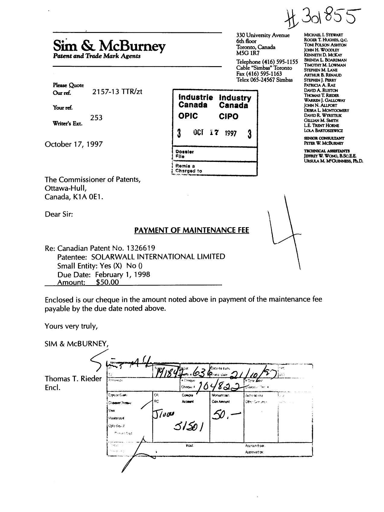 Canadian Patent Document 1326619. Fees 19971017. Image 1 of 1