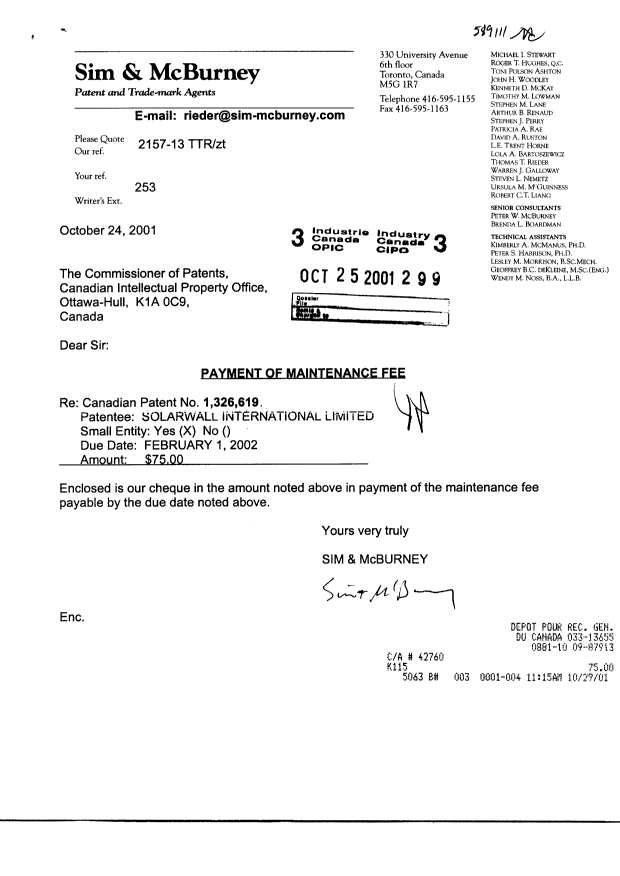 Document de brevet canadien 1326619. Taxes 20001225. Image 1 de 1