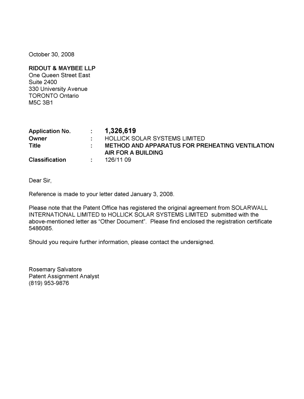 Document de brevet canadien 1326619. Correspondance 20071230. Image 1 de 1
