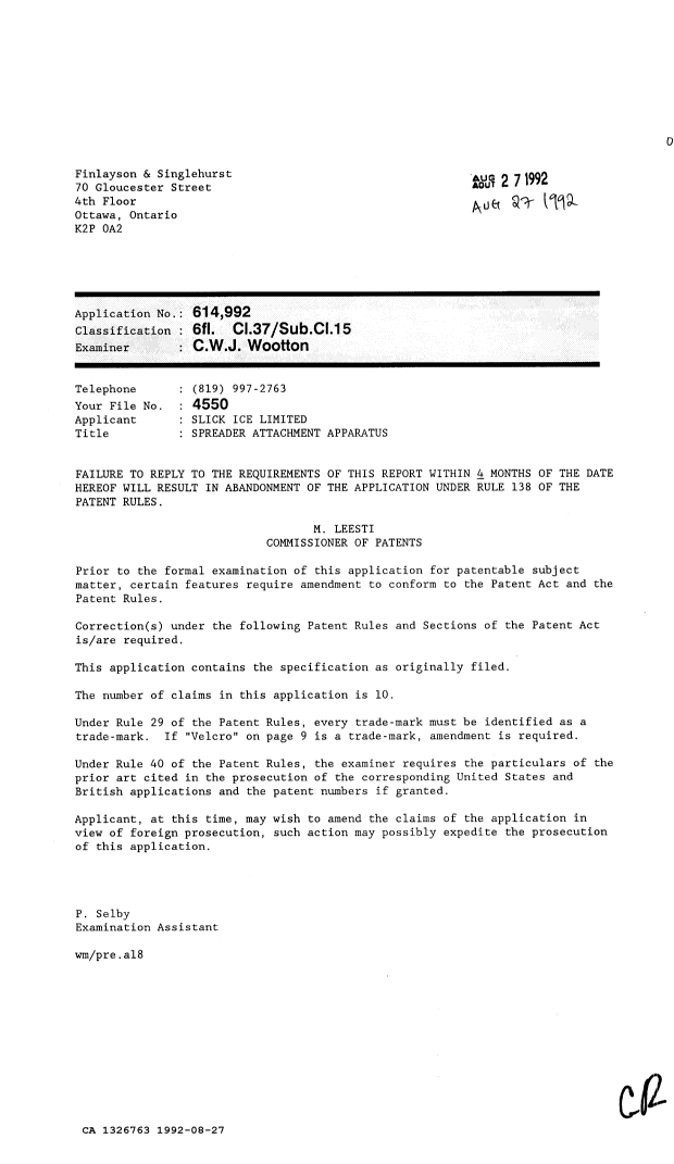 Canadian Patent Document 1326763. Examiner Requisition 19920827. Image 1 of 1