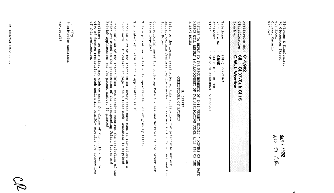 Document de brevet canadien 1326763. Demande d'examen 19920827. Image 1 de 1