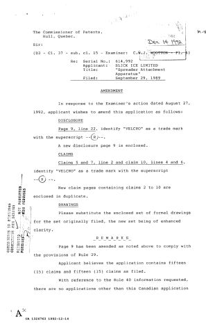 Document de brevet canadien 1326763. Correspondance de la poursuite 19921214. Image 1 de 2
