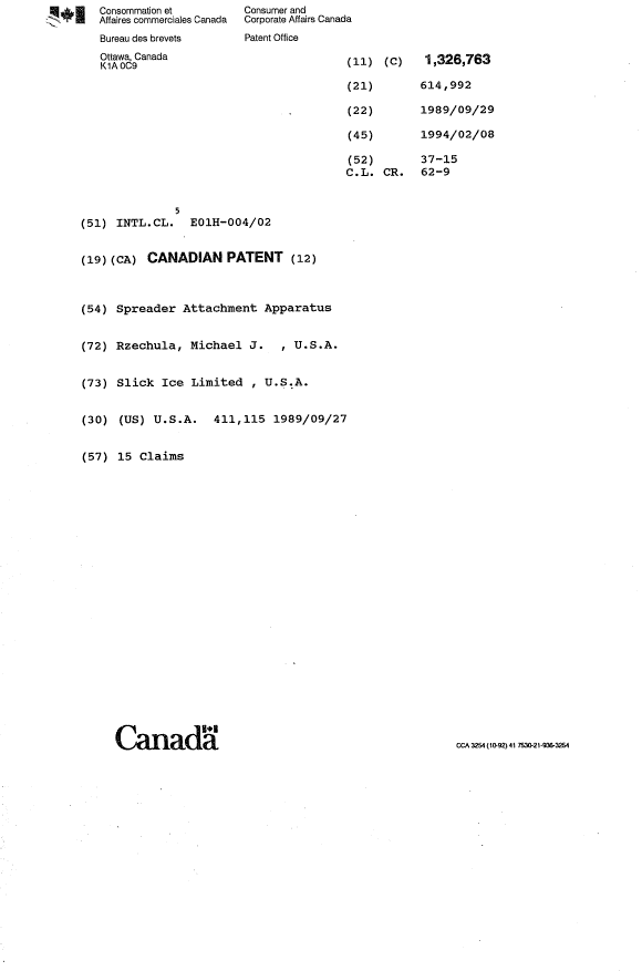 Canadian Patent Document 1326763. Cover Page 19931221. Image 1 of 1