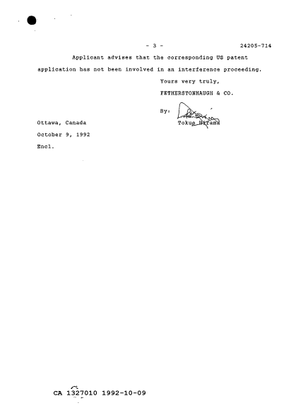 Canadian Patent Document 1327010. Prosecution Correspondence 19921009. Image 3 of 3