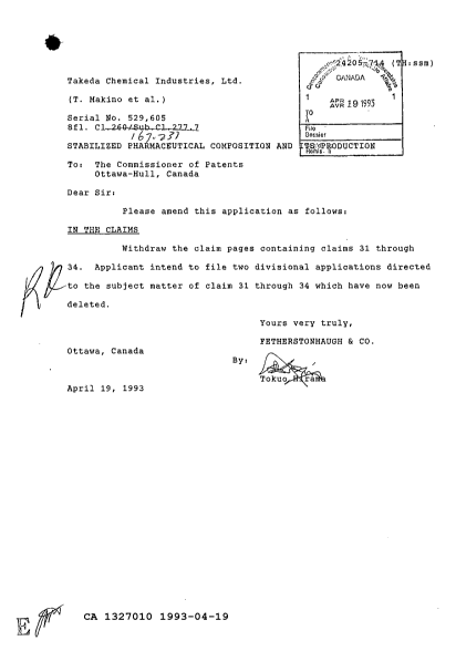Canadian Patent Document 1327010. Prosecution Correspondence 19930419. Image 1 of 1