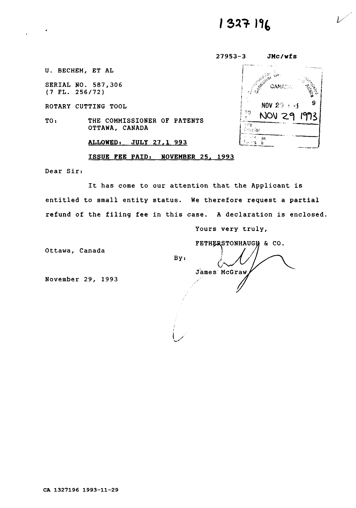 Document de brevet canadien 1327196. Correspondance reliée au PCT 19931129. Image 1 de 2