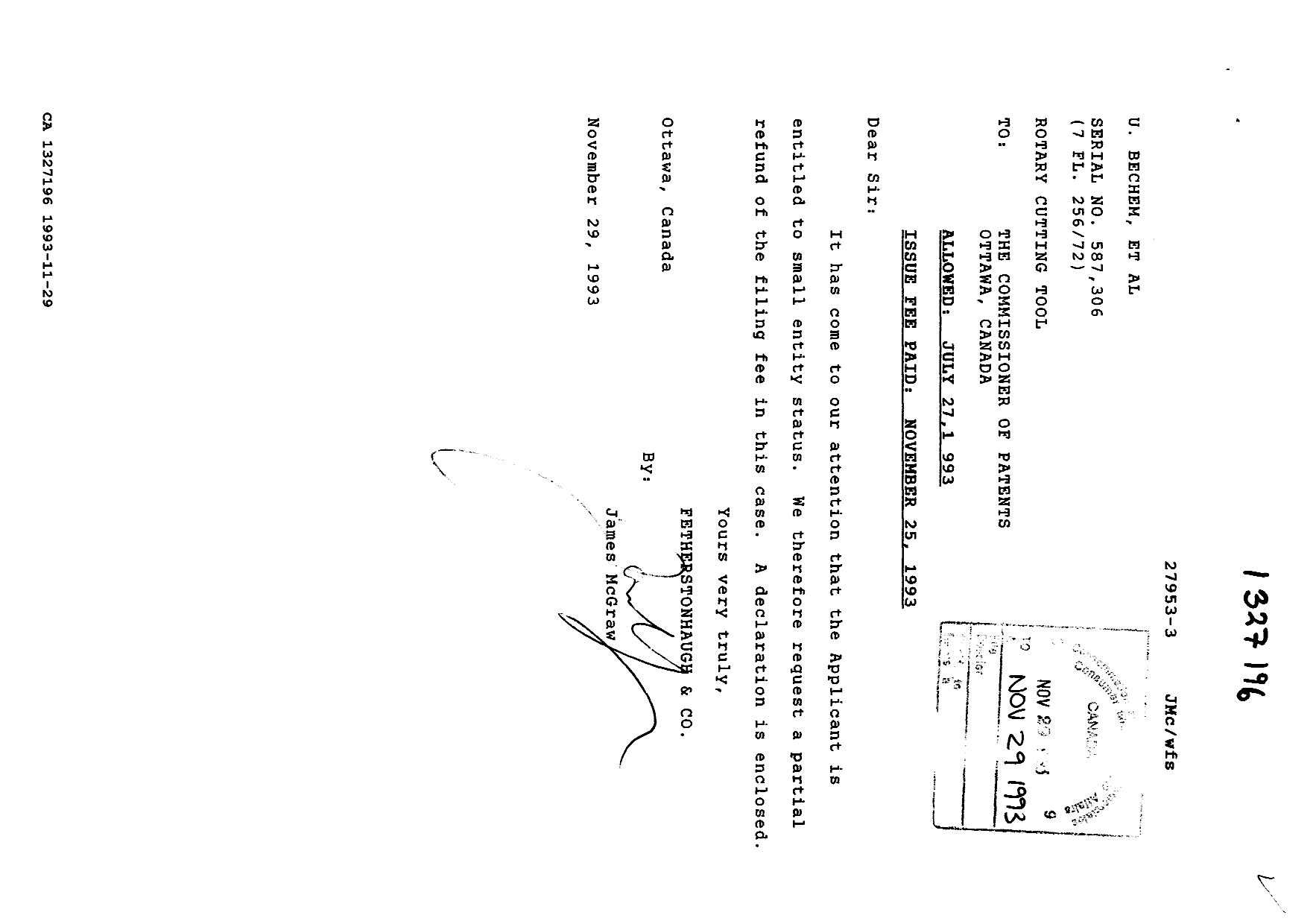 Canadian Patent Document 1327196. PCT Correspondence 19931129. Image 1 of 2