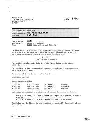 Canadian Patent Document 1327284. Examiner Requisition 19930819. Image 1 of 2