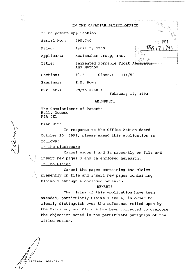 Canadian Patent Document 1327290. Prosecution Correspondence 19930217. Image 1 of 3
