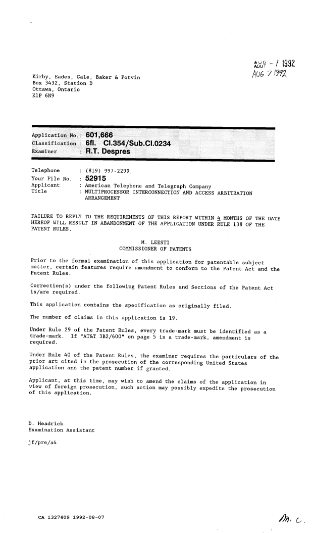 Canadian Patent Document 1327409. Examiner Requisition 19920807. Image 1 of 1