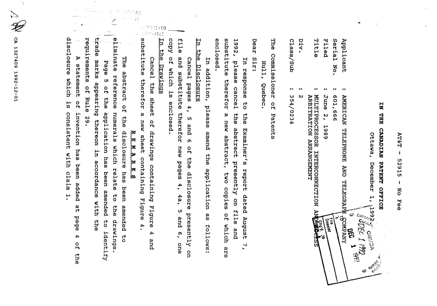 Canadian Patent Document 1327409. Prosecution Correspondence 19921201. Image 1 of 8