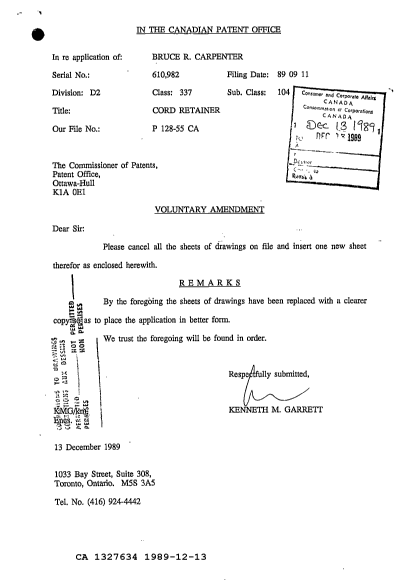 Canadian Patent Document 1327634. Prosecution Correspondence 19891213. Image 1 of 1