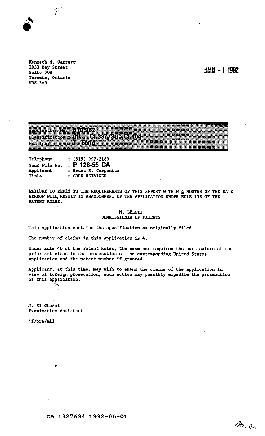 Canadian Patent Document 1327634. Examiner Requisition 19920601. Image 1 of 2
