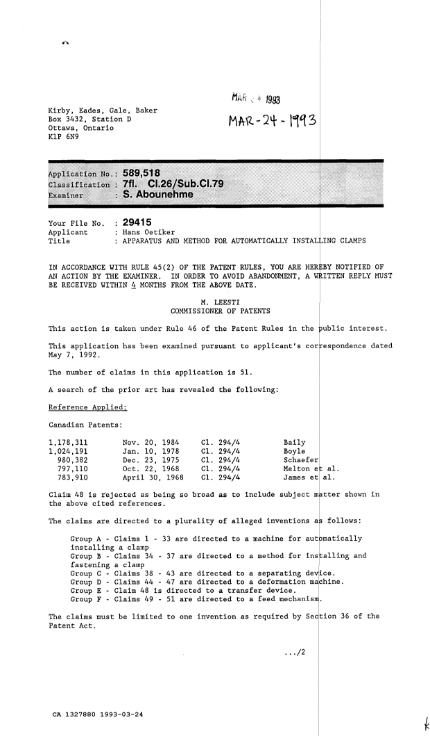 Canadian Patent Document 1327880. Examiner Requisition 19930324. Image 1 of 2