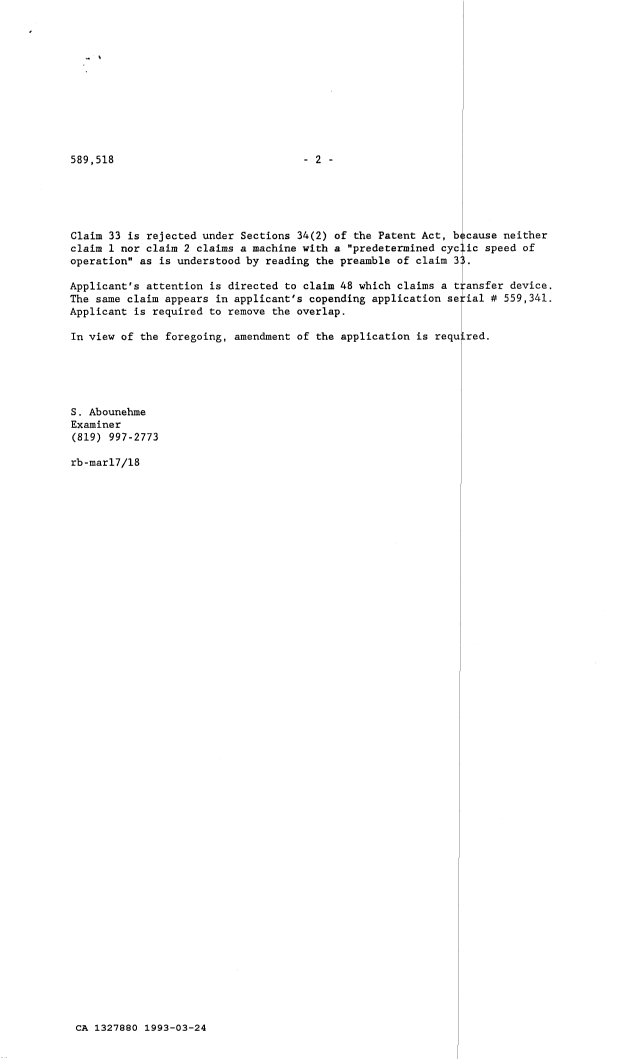 Canadian Patent Document 1327880. Examiner Requisition 19930324. Image 2 of 2