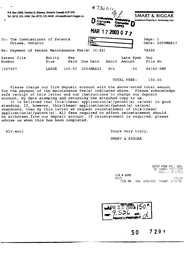 Document de brevet canadien 1327927. Taxes 20021217. Image 1 de 1