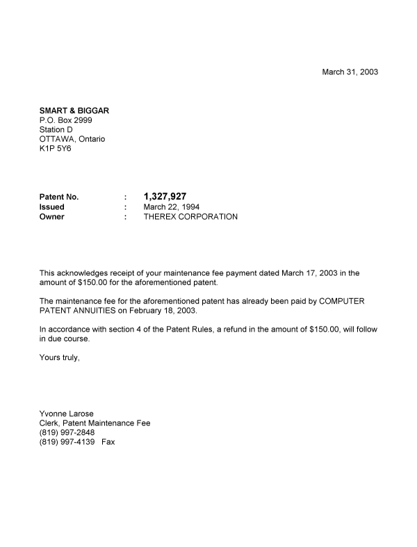 Canadian Patent Document 1327927. Correspondence 20021231. Image 1 of 1