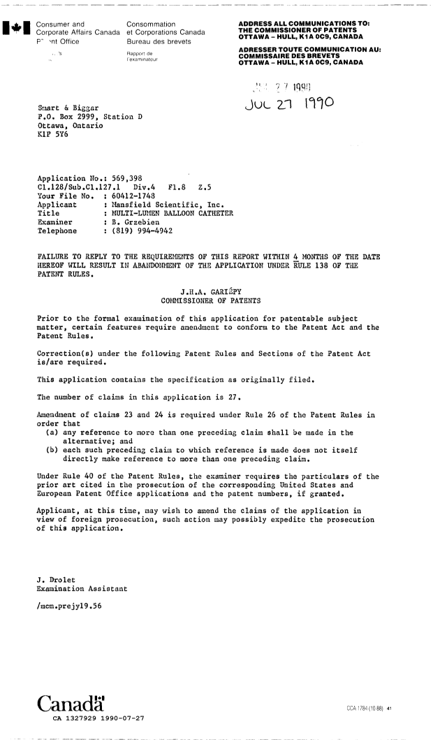Document de brevet canadien 1327929. Demande d'examen 19900727. Image 1 de 1