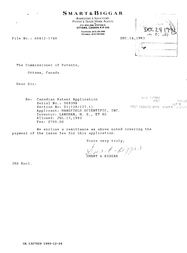 Document de brevet canadien 1327929. Correspondance reliée au PCT 19931224. Image 1 de 1