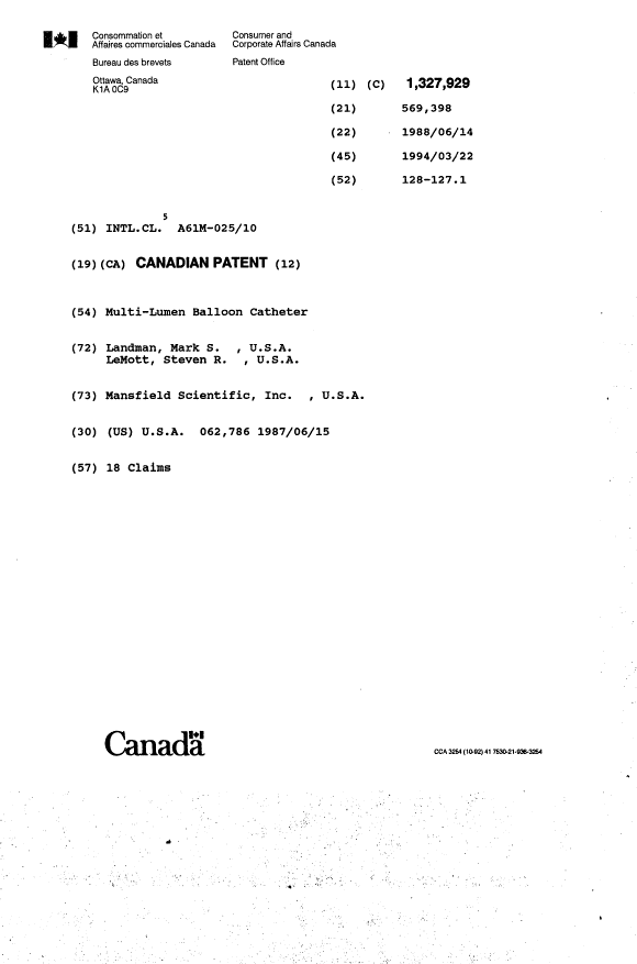 Canadian Patent Document 1327929. Cover Page 19940722. Image 1 of 1