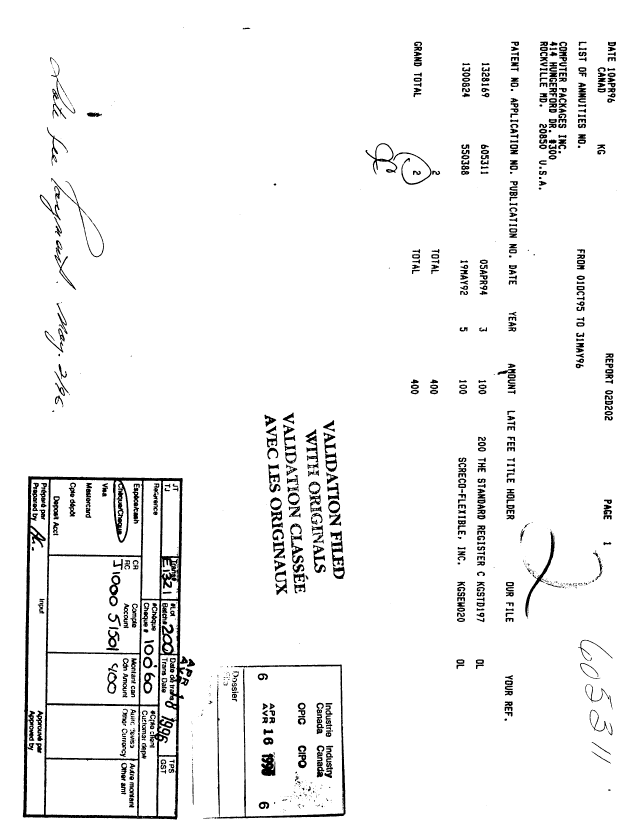 Document de brevet canadien 1328169. Taxes 19960416. Image 1 de 1