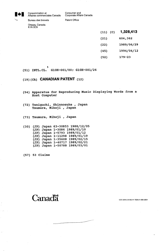 Canadian Patent Document 1328413. Cover Page 19940722. Image 1 of 1