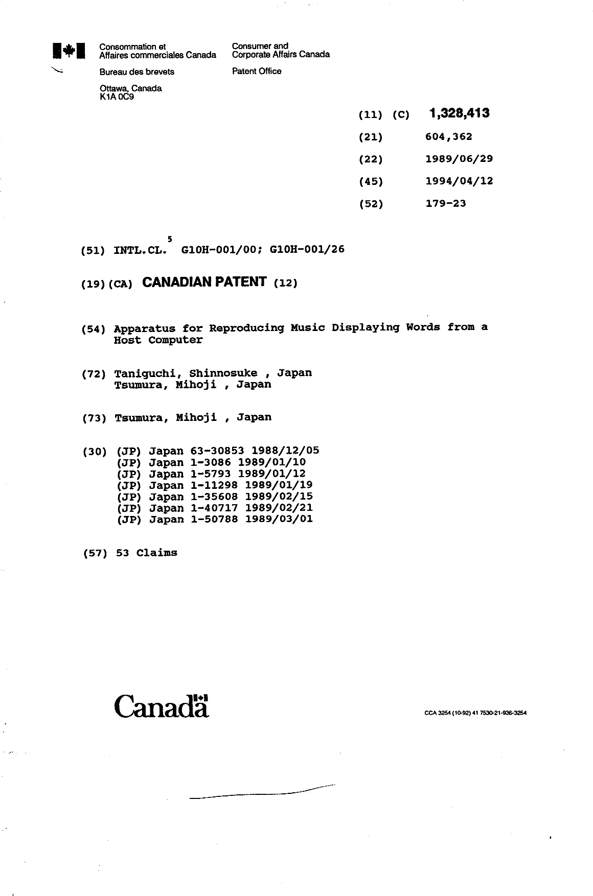 Canadian Patent Document 1328413. Cover Page 19940722. Image 1 of 1