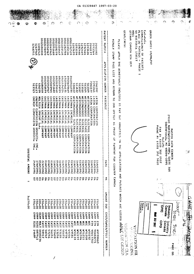 Canadian Patent Document 1328447. Fees 19970320. Image 1 of 1