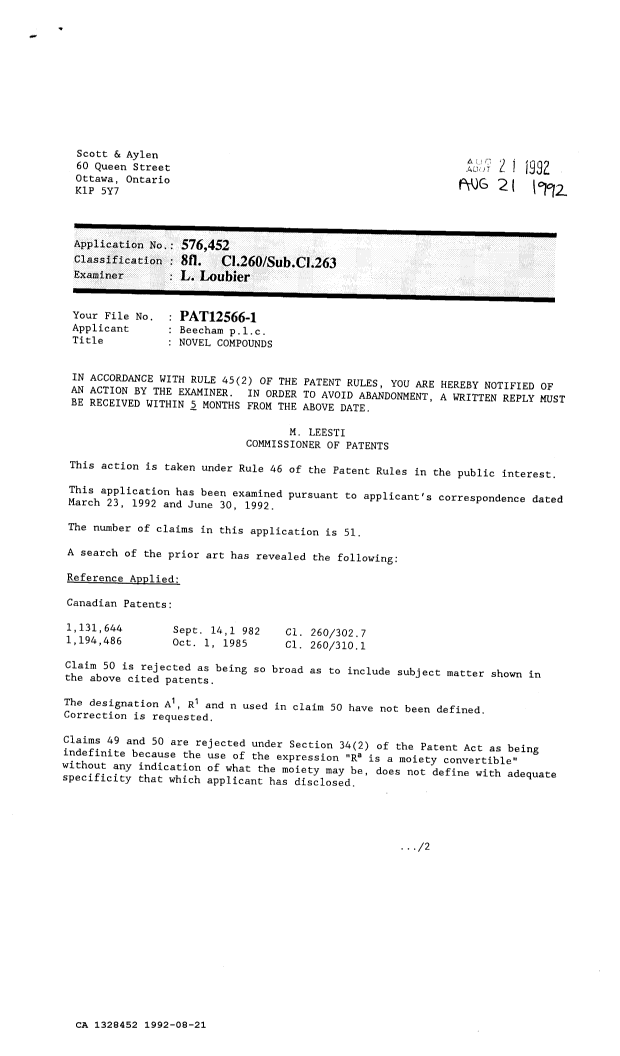 Canadian Patent Document 1328452. Prosecution-Amendment 19911221. Image 1 of 2