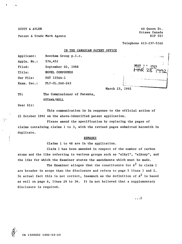 Canadian Patent Document 1328452. Prosecution-Amendment 19911223. Image 1 of 2