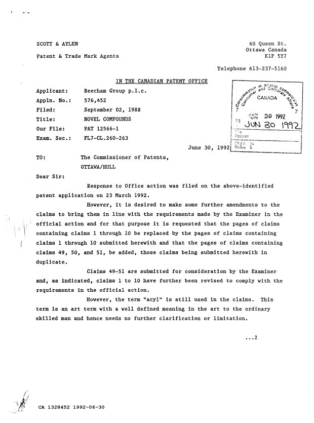 Canadian Patent Document 1328452. Prosecution-Amendment 19911230. Image 1 of 2